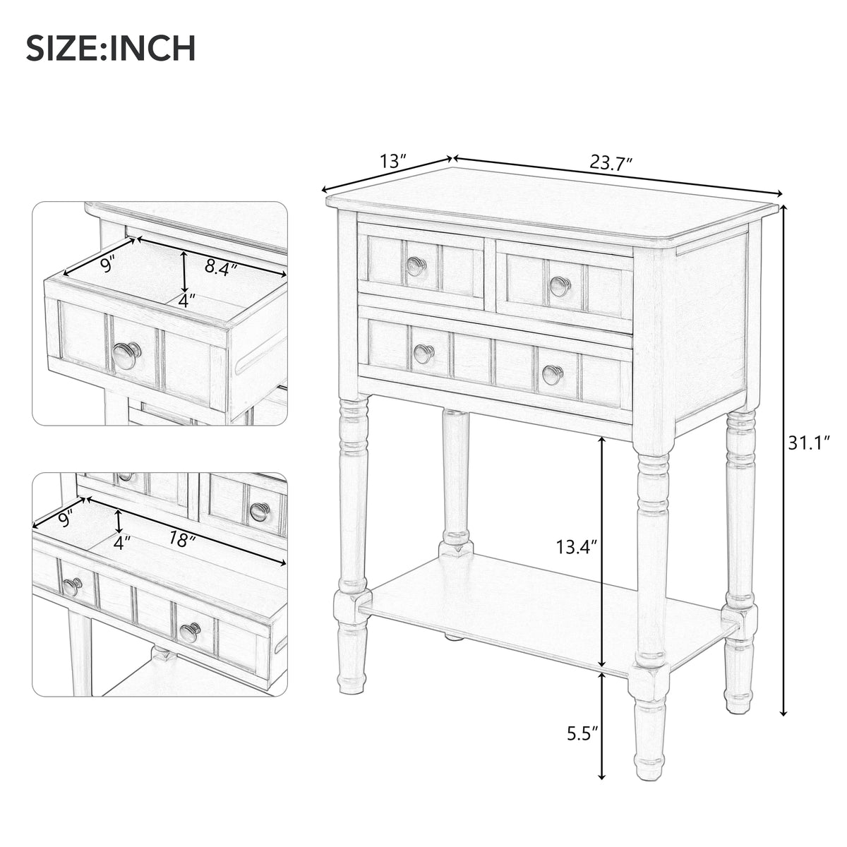 Eprolo TREXM narrow espresso console desk with three storage drawers and bottom shelves, ideal for living room or entryway.
