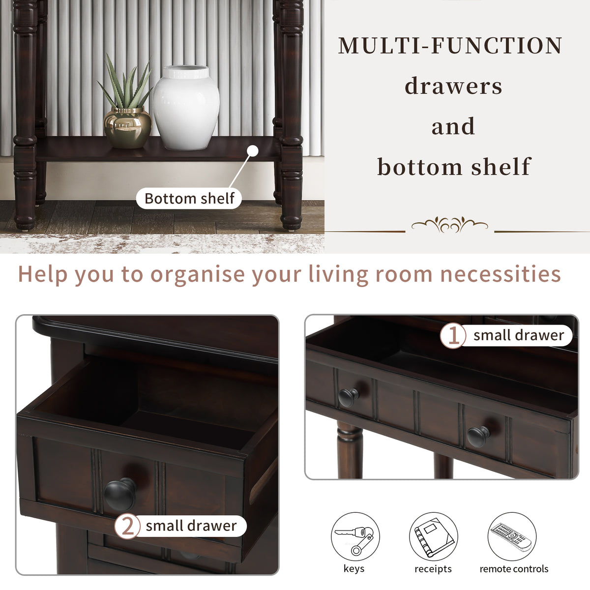 Eprolo TREXM narrow console desk in espresso with three storage drawers and bottom shelves, ideal for living room or hallway.