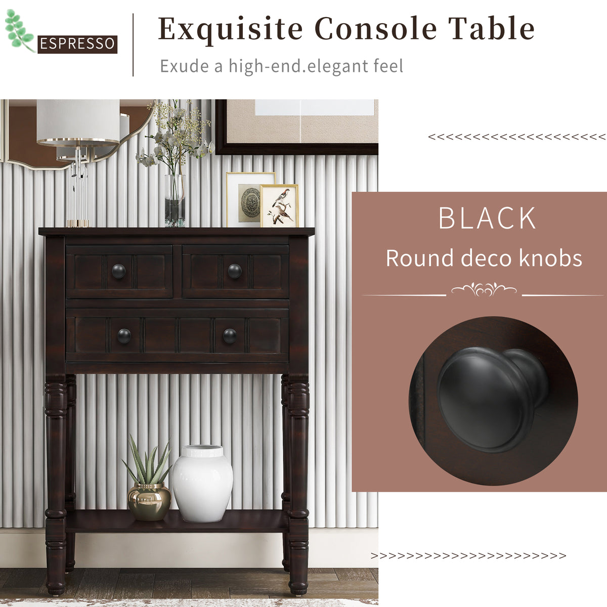 Eprolo TREXM narrow console desk in espresso with three storage drawers and bottom shelves, ideal for living room or hallway.