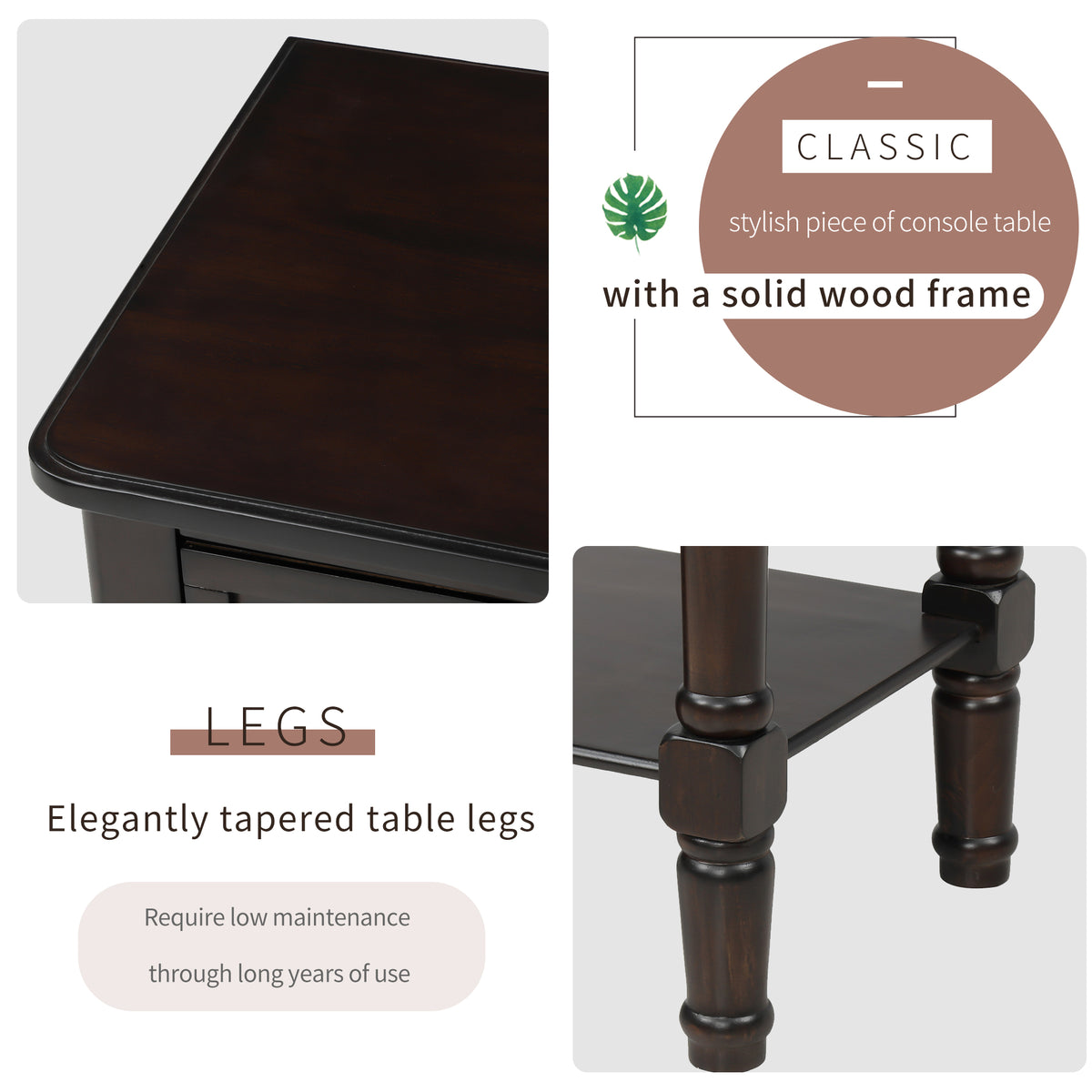 Eprolo TREXM narrow console desk in espresso with three storage drawers and bottom shelves, ideal for living room or entryway.