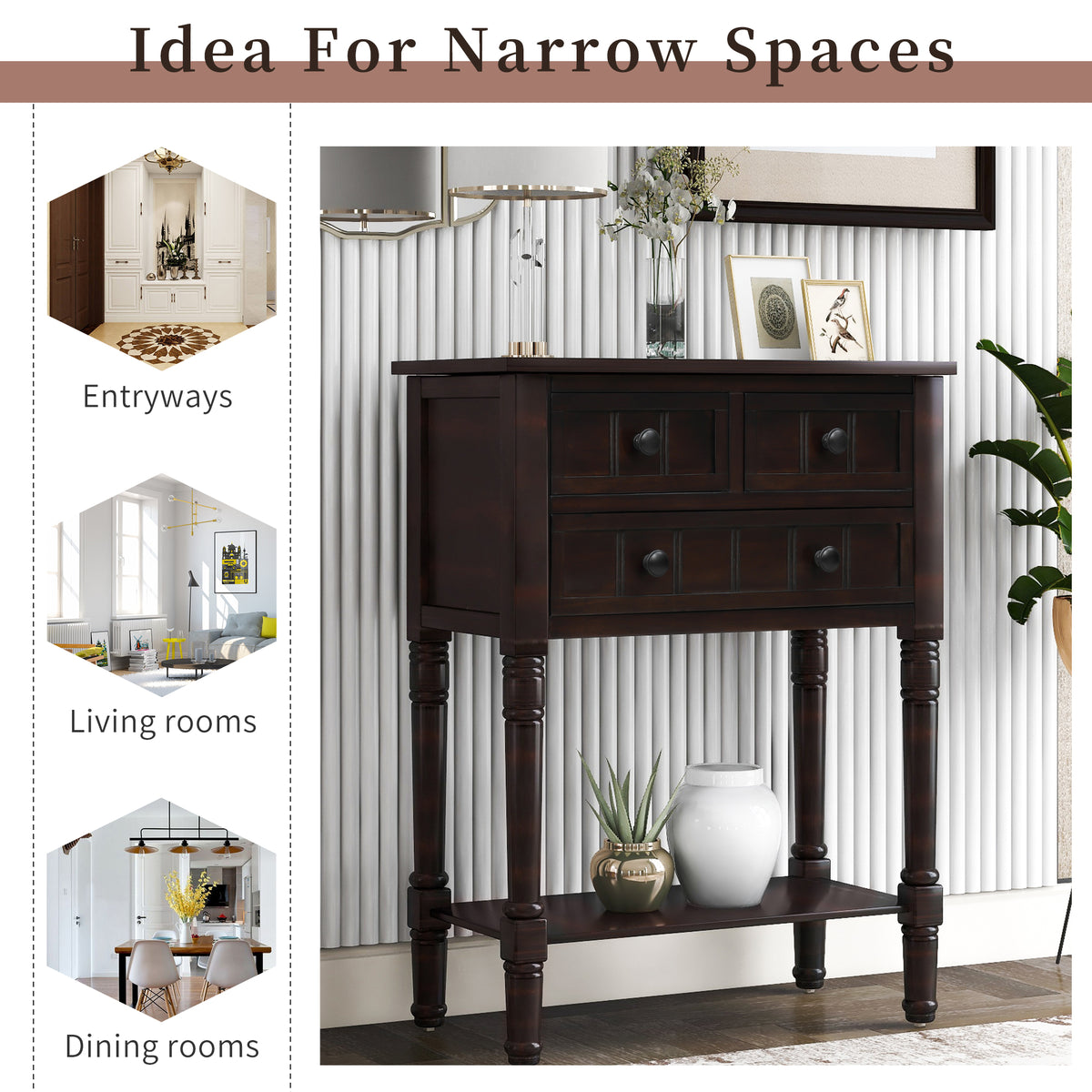 Eprolo TREXM narrow console desk in espresso with three storage drawers and bottom shelves, suitable for living room use