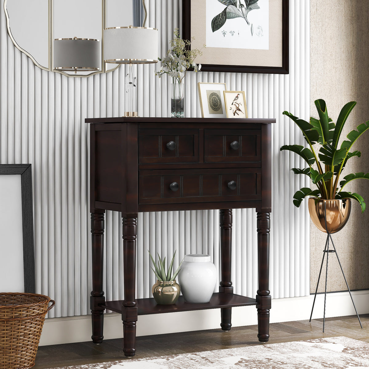 Eprolo TREXM narrow console desk in espresso with three storage drawers and bottom shelves, ideal for living room decor.