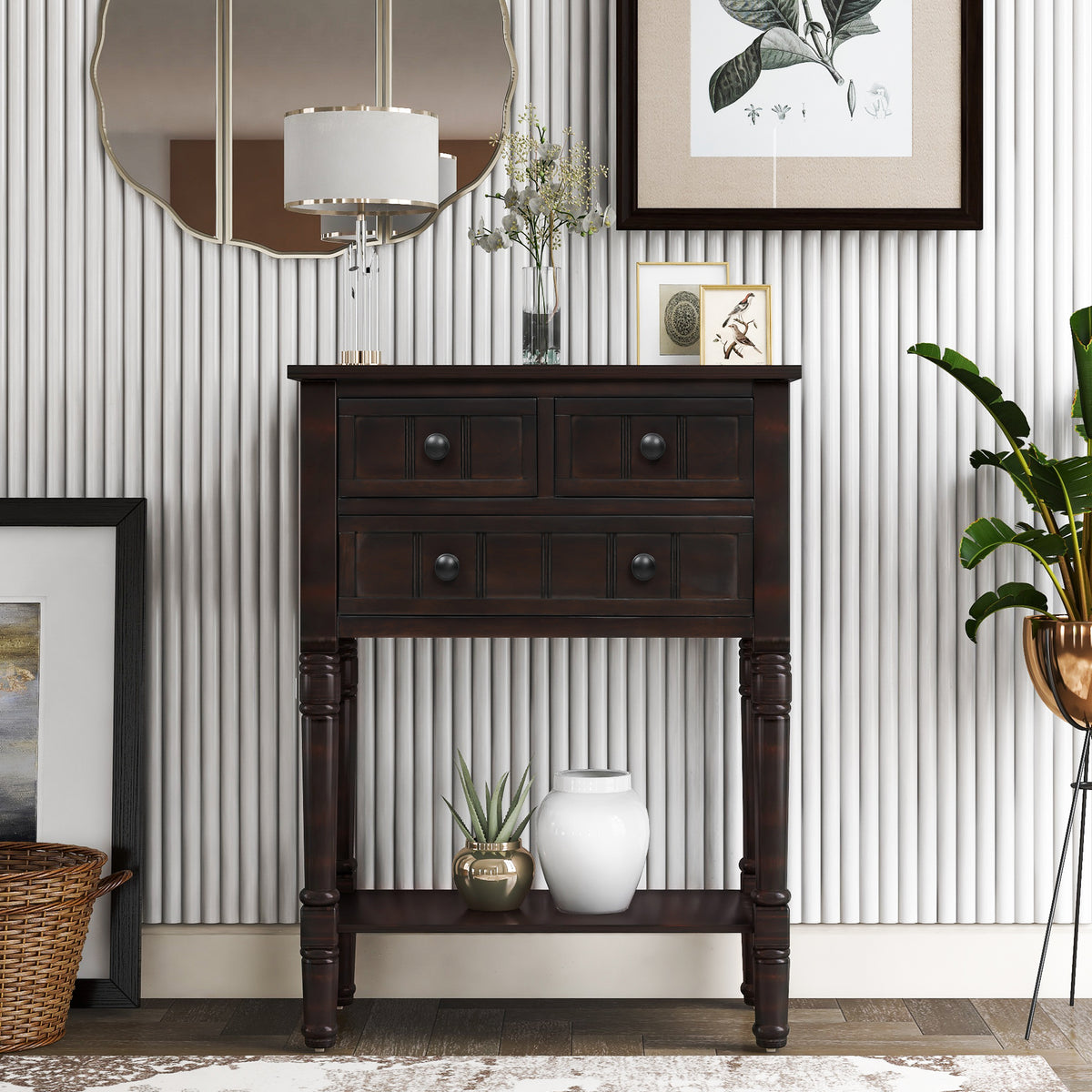 Eprolo TREXM narrow espresso console desk with three storage drawers and bottom shelves for living room use.