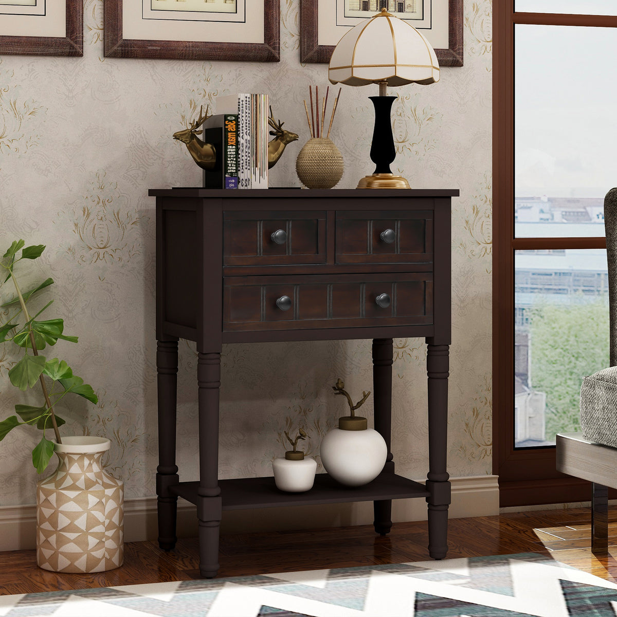 Eprolo TREXM narrow espresso console desk with three storage drawers and bottom shelves, ideal for living room organization.