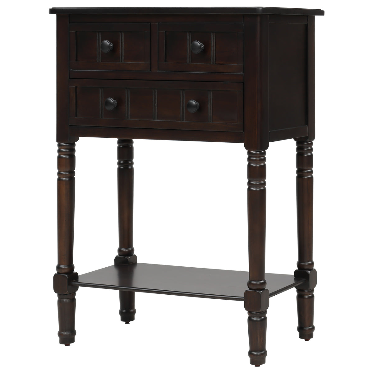 Eprolo TREXM narrow espresso console desk with three storage drawers and bottom shelves, ideal for living room or hallway.
