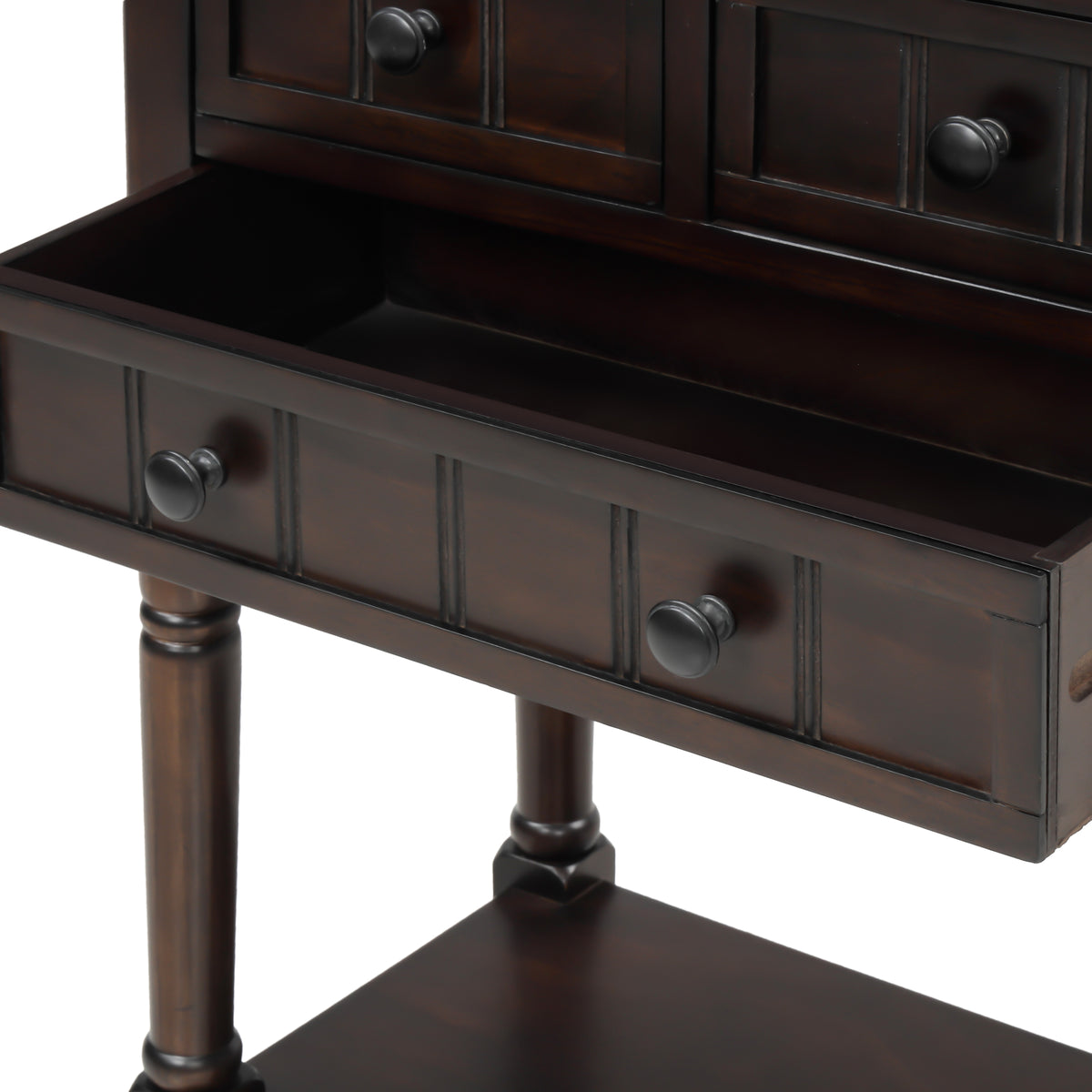 eprolo TREXM narrow console desk with three storage drawers and bottom shelves in espresso finish, suitable for living room decor