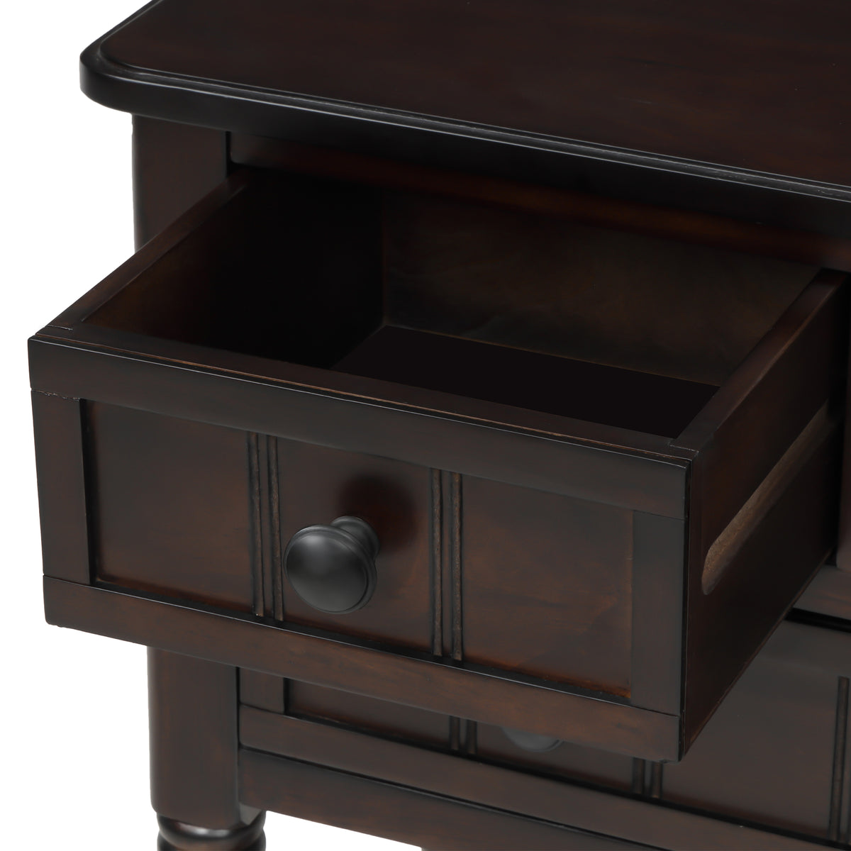 Eprolo TREXM narrow espresso console desk with three storage drawers and bottom shelves, ideal for living room use