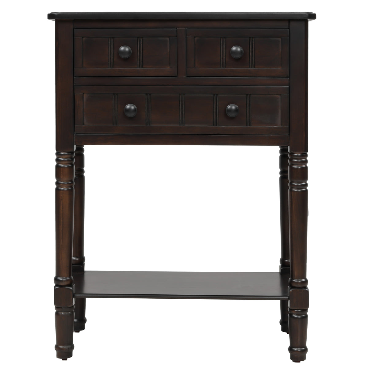 eprolo TREXM narrow console desk in espresso with three storage drawers and bottom shelves for living room organization