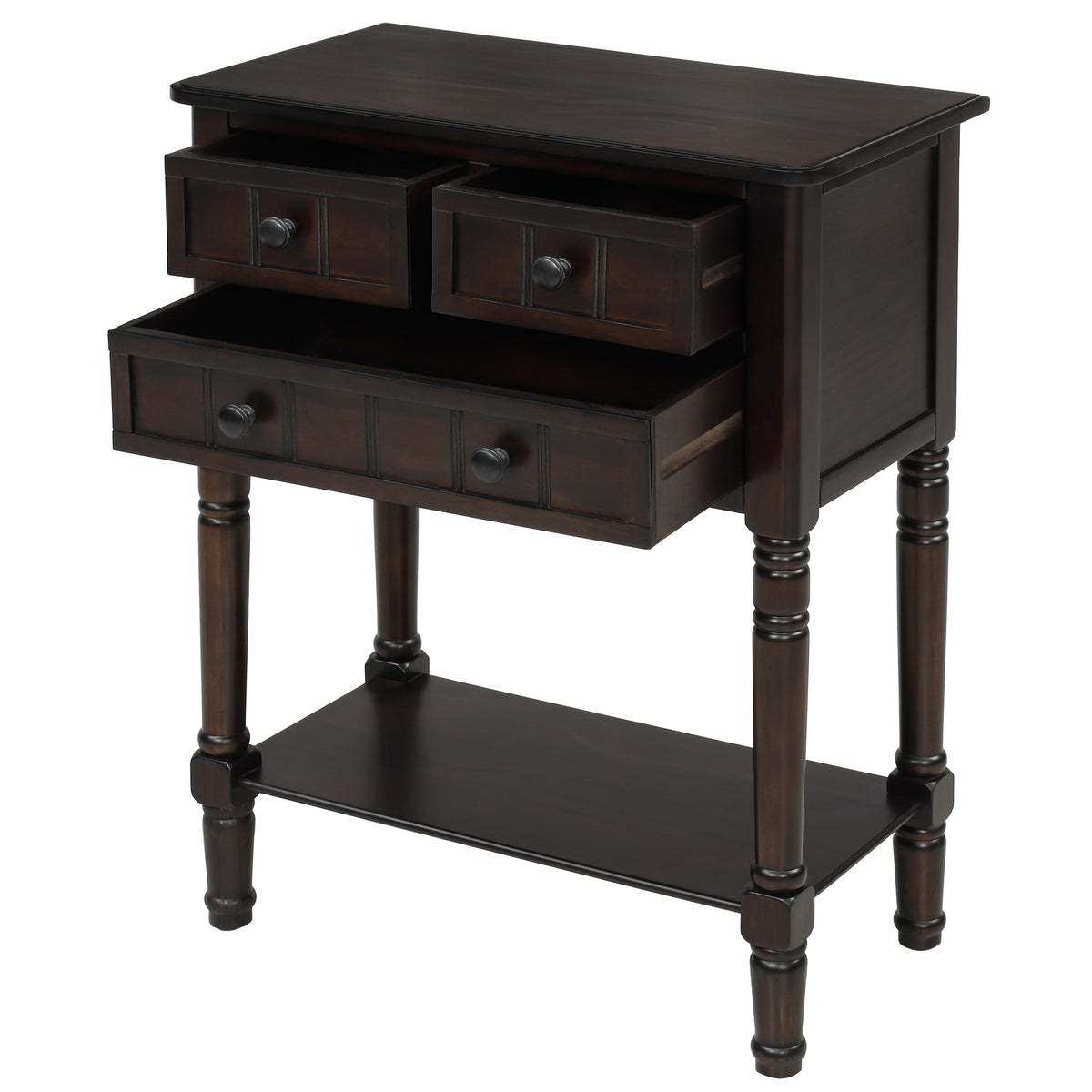 Eprolo TREXM narrow espresso console desk with three storage drawers and bottom shelves, ideal for living room decor.