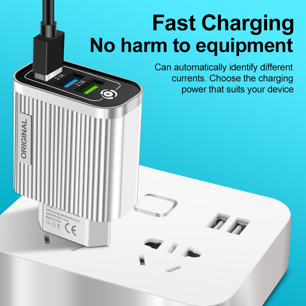 Eprolo 3-port USB mobile phone charger with 2.1A output, compact travel charging head with multiple ports for convenient device charging.