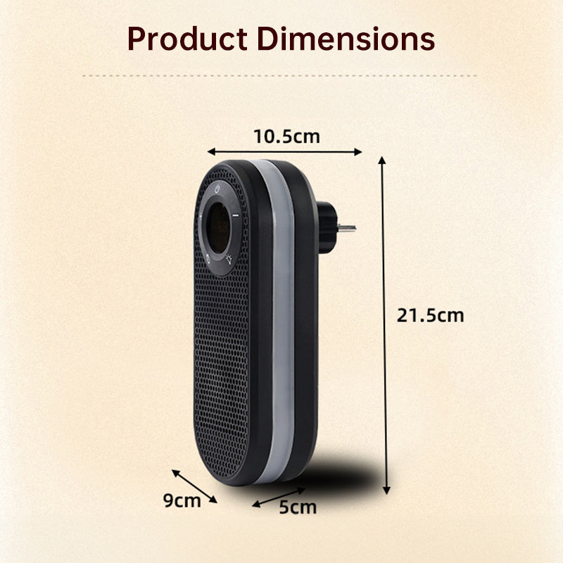 Eprolo wall-mounted space heater with night light, compact design, showing controls and safety features for bedroom or office use.