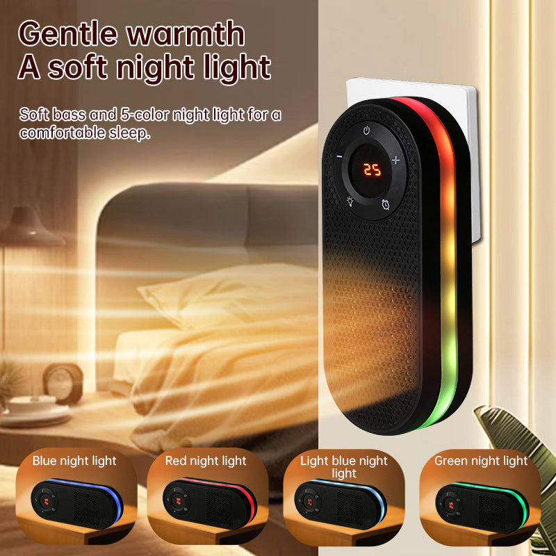 Wall-mounted eprolo space heater with night light, showcasing sleek design, control panel, and mounted on a wall in a cozy room