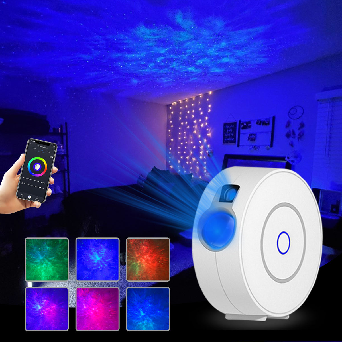 Eprolo Tuya Smart WiFi starry sky night light with colorful laser projection and LED lights, creating a dazzling starry sky display.