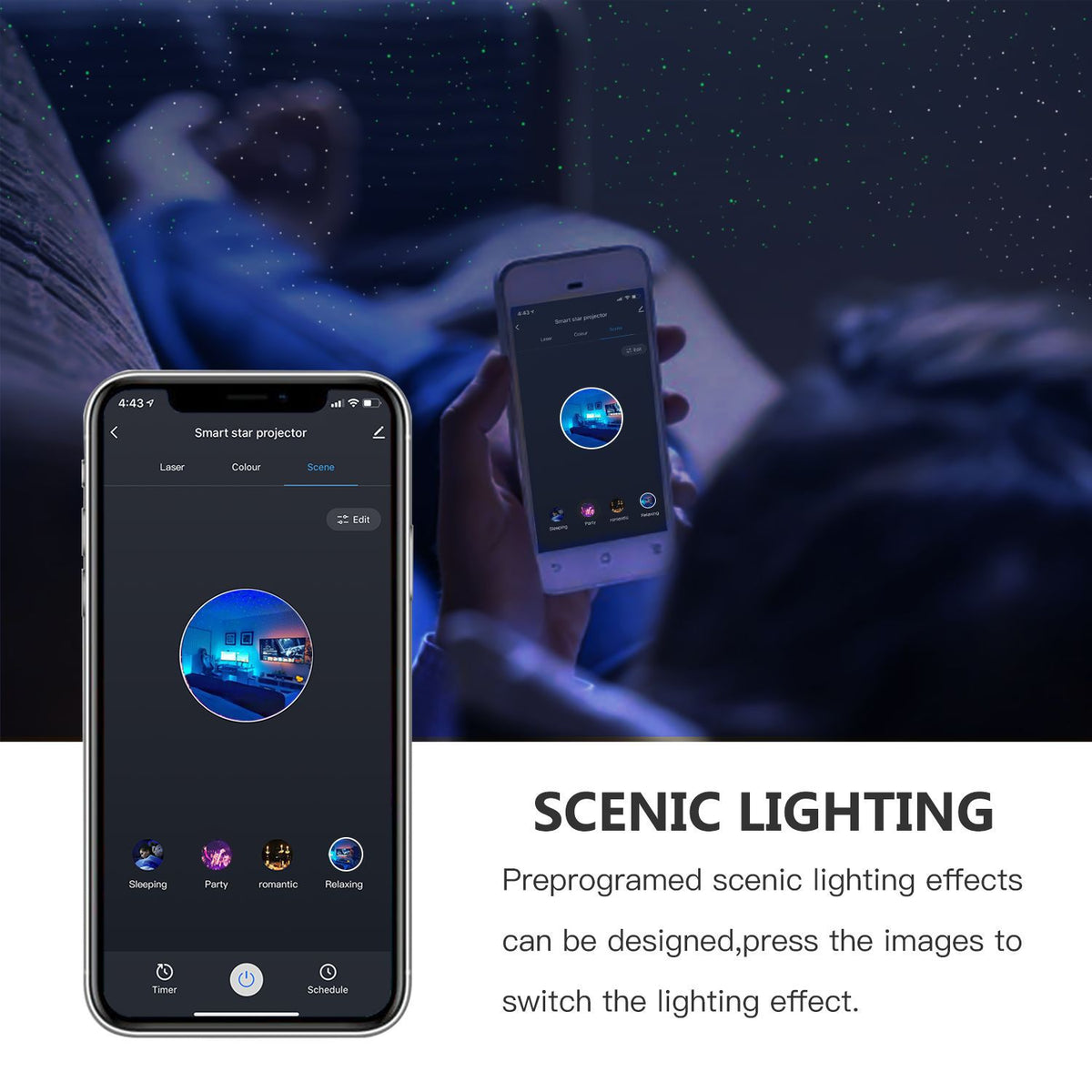 Eprolo Tuya Smart WiFi starry sky night light with colorful laser projection and LED lights creating a dazzling starry effect.