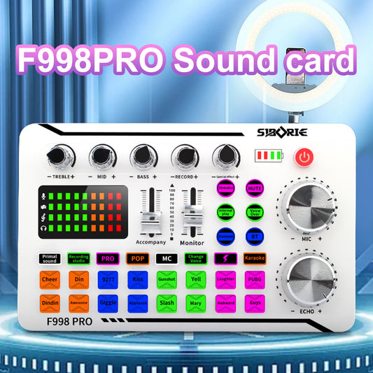 eprolo F998Pro live singing sound card in white with integrated microphone and intelligent noise reduction for clear audio.
