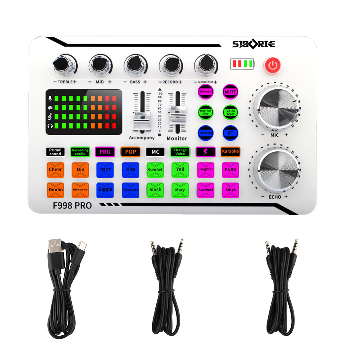 Eprolo F998Pro live singing sound card in white with integrated microphone and intelligent noise reduction for clear vocals.
