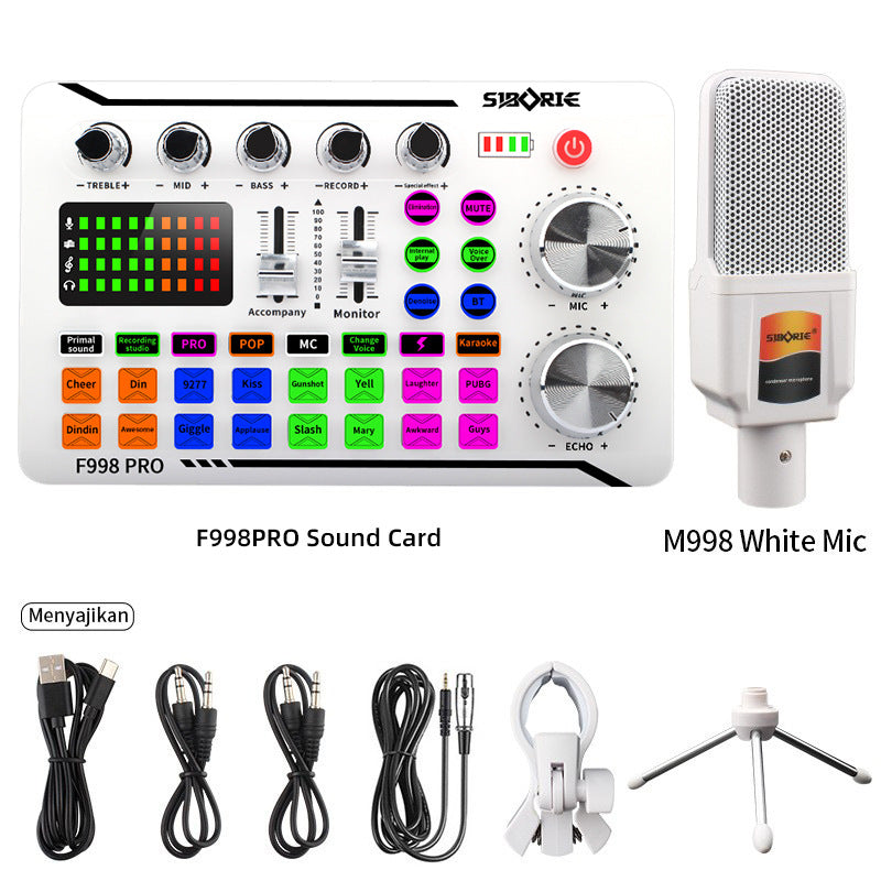 Eprolo F998Pro live singing sound card in white with integrated microphone, features intelligent noise reduction and English version.