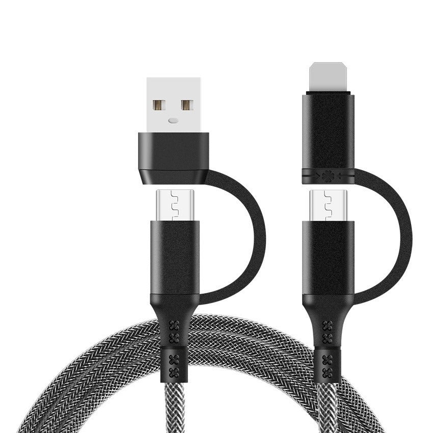 Eprolo four-in-one braided data cable with Type-C and lightning connectors for fast charging Apple and Huawei phones.