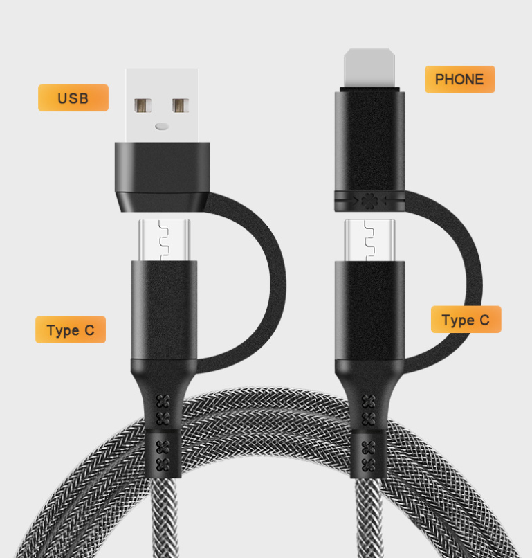eprolo four-in-one braided data cable with PD60W fast charging for Apple and Huawei phones, Type-C flash charging cable