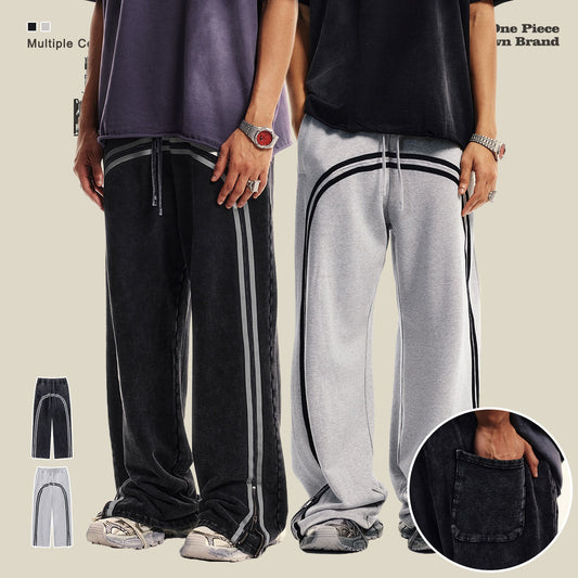 Men's wide-leg streetwear pants by eprolo featuring woven zipper details, wash wax dyed fabric, and a trendy youth sports style.