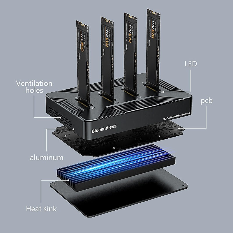 eprolo solid state drive base with four bays for NVMe and data, USB 3.2 Gen 2 portable hard drive enclosure, 3D render