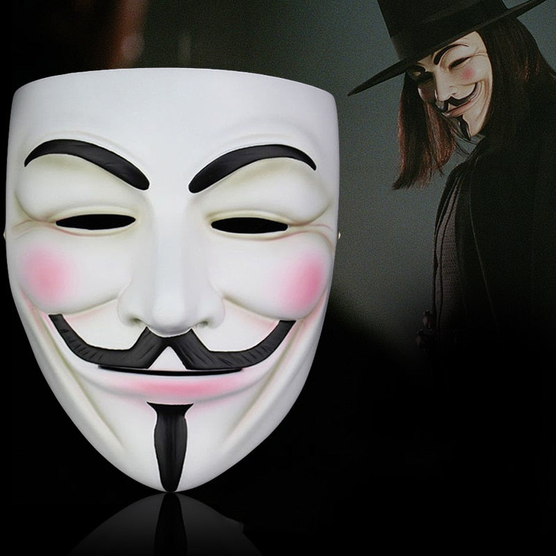 Eprolo V for Vendetta Guy Fawkes mask for Halloween or cosplay, featuring a white face with a black mustache and goatee.