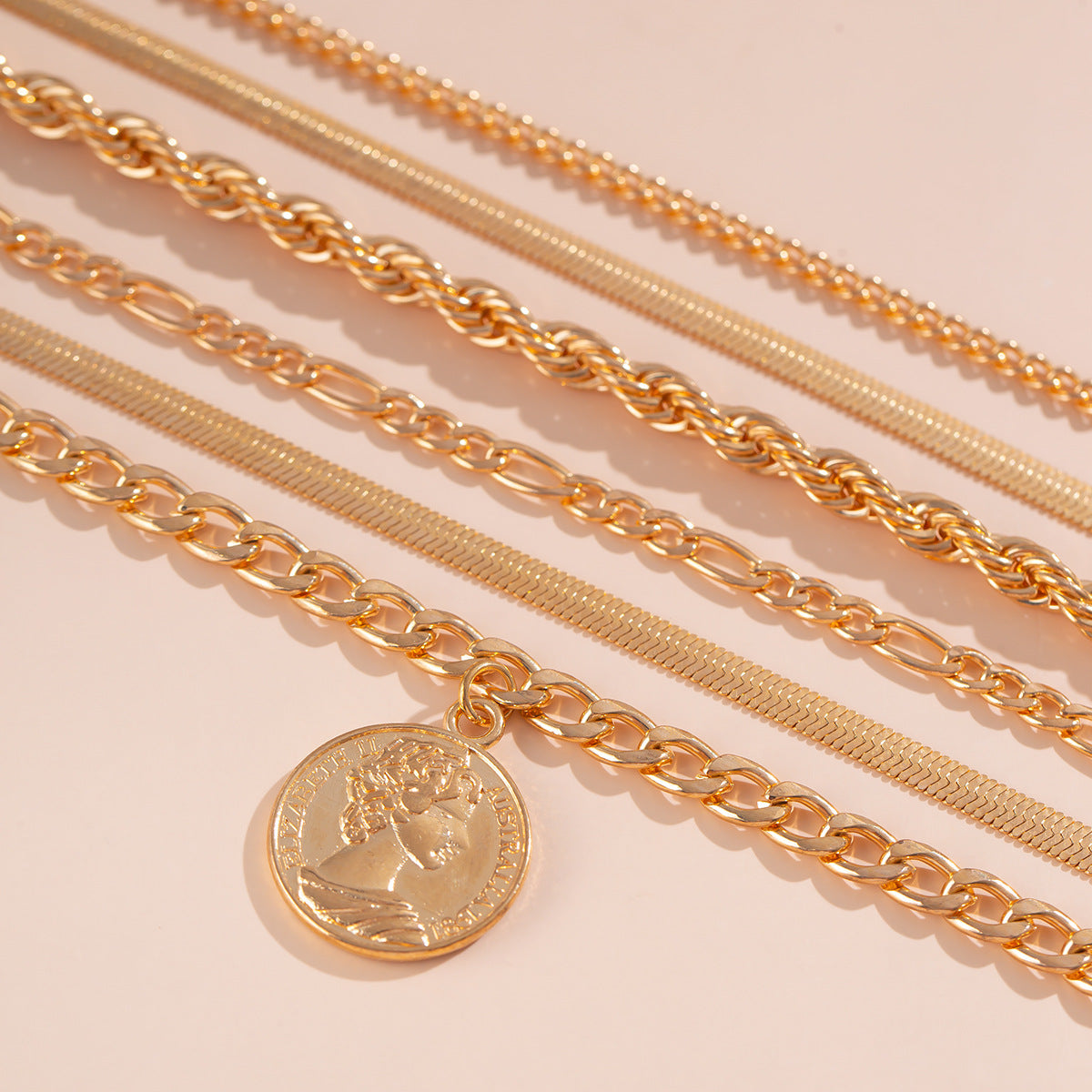 Eprolo ins round pendant bracelet set with irregular metallic flat snake chain bracelets, stylish and modern jewelry for women.