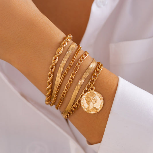 Eprolo ins round pendant bracelet set with irregular metallic flat snake chain and modern jewelry design