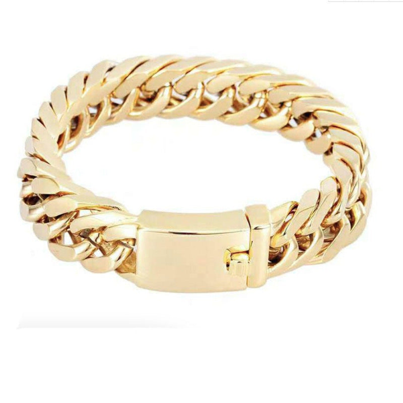 Fashionable men's 18K gold plated alloy double buckle bracelet with sleek design and polished finish.