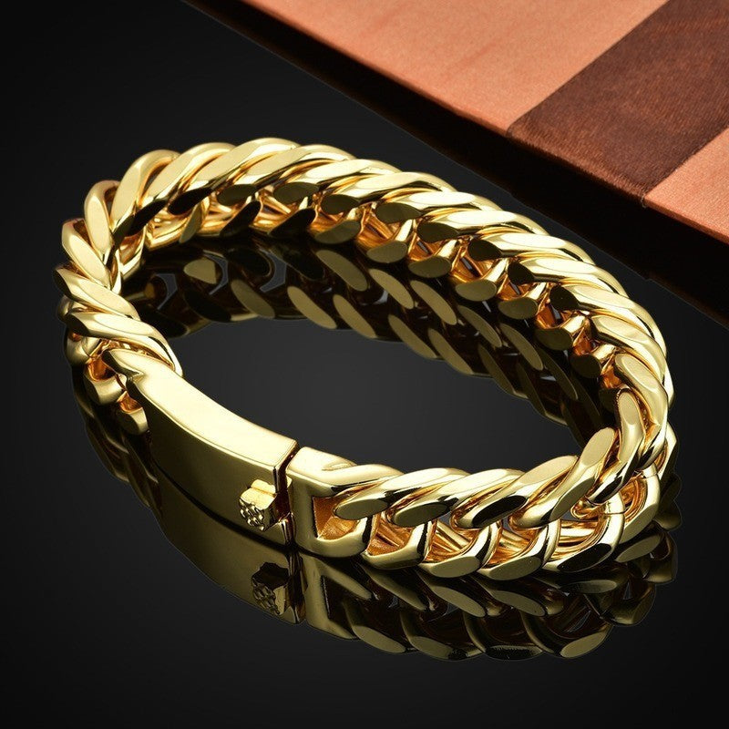 Elegant men's 18K gold plated alloy double buckle bracelet with a stylish electroplated finish, designed for fashion and durability.