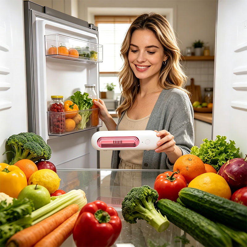 Eprolo Ozoori rechargeable fridge deodorizer emitting fresh scent, designed to eliminate odors in kitchen, freezer, and food storage.
