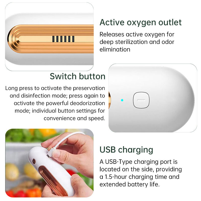 Ozoori rechargeable fridge deodorizer by eprolo, compact device for eliminating odors in kitchen, freezer, and food storage areas.