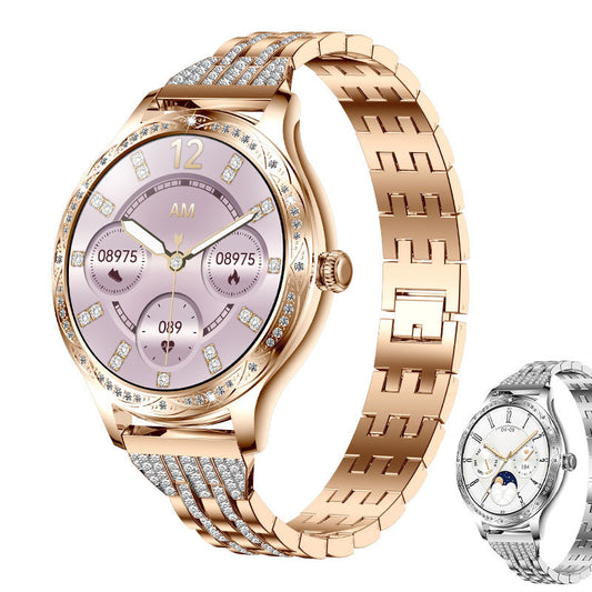 Eprolo women's smartwatch AK60 displaying heart rate, blood pressure, blood oxygen levels, and step count on a high-definition screen