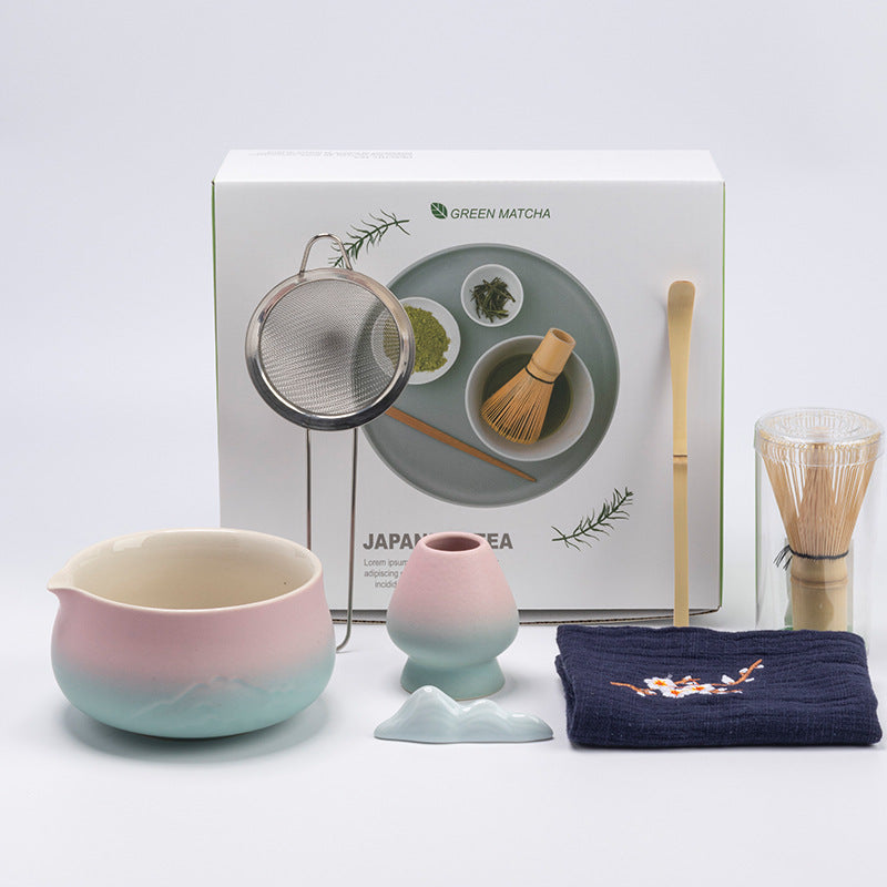 Premium 8-piece Matcha set by eprolo with ceramic Chawan, whisk, scoop, and gift box for tea enthusiasts.