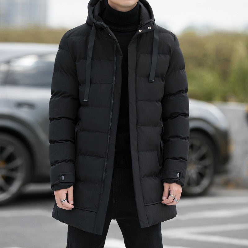Men's casual cotton jacket by Eprolo featuring a hood, loose fit, medium to long length, thick warm fabric, and stylish design.