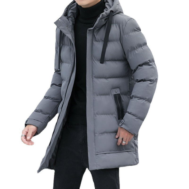 Men's loose medium to long warm casual cotton jacket with hood, thick and stylish, by eprolo, suitable for cold weather.