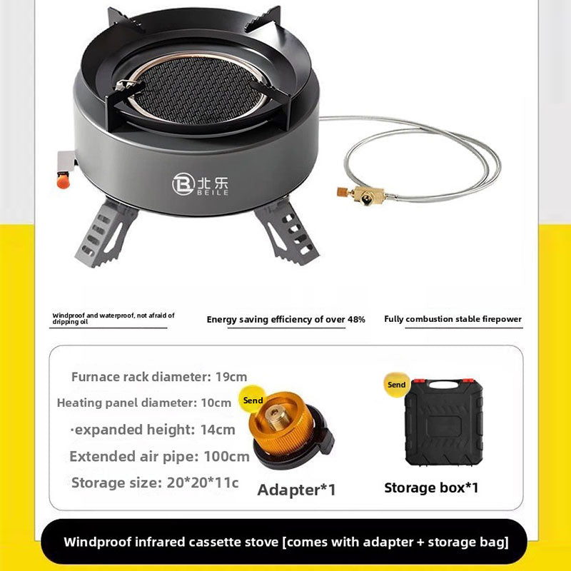 eprolo Explorer 4000W infrared camping stove showing portable, windproof design with electronic ignition for outdoor cooking.