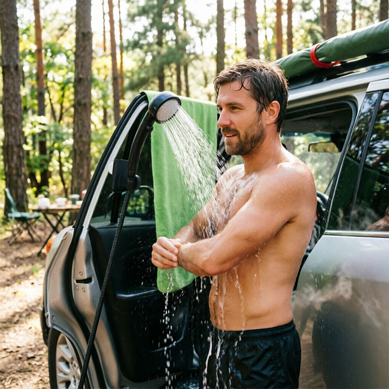 eprolo portable outdoor shower kit with rechargeable 6000mAh water pump, display, ideal for camping and pet bathing.