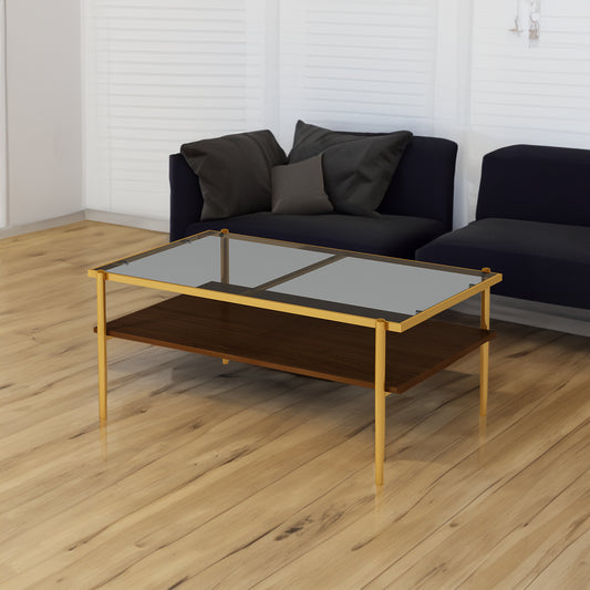 Modern rectangle coffee table by eprolo with gray tempered glass top and gold metal legs for living room decor.
