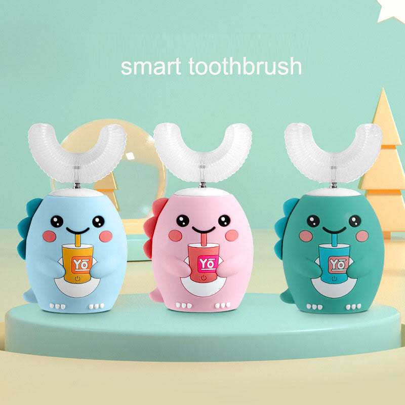 Eprolo U-shaped electric rechargeable toothbrush for children, dinosaur design, suitable for ages 2-12, with soft bristles for gentle cleaning.