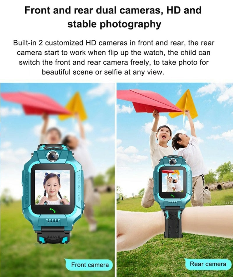 Eprolo Q19 kids' waterproof smart watch with dual cameras, flip design, SOS, LBS positioning, and mobile phone features.