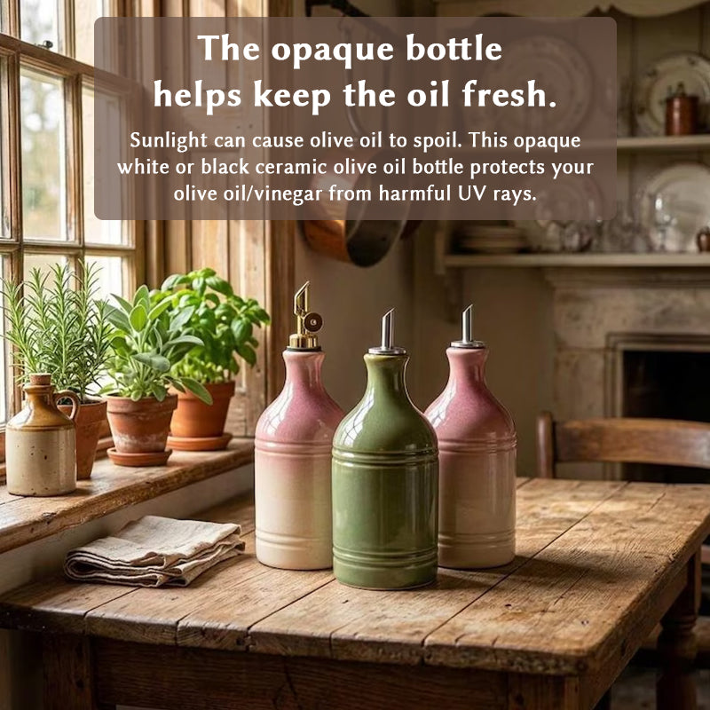 European retro green ceramic olive oil bottle with stainless steel spout, vintage kitchen dispenser for oil storage and seasoning.