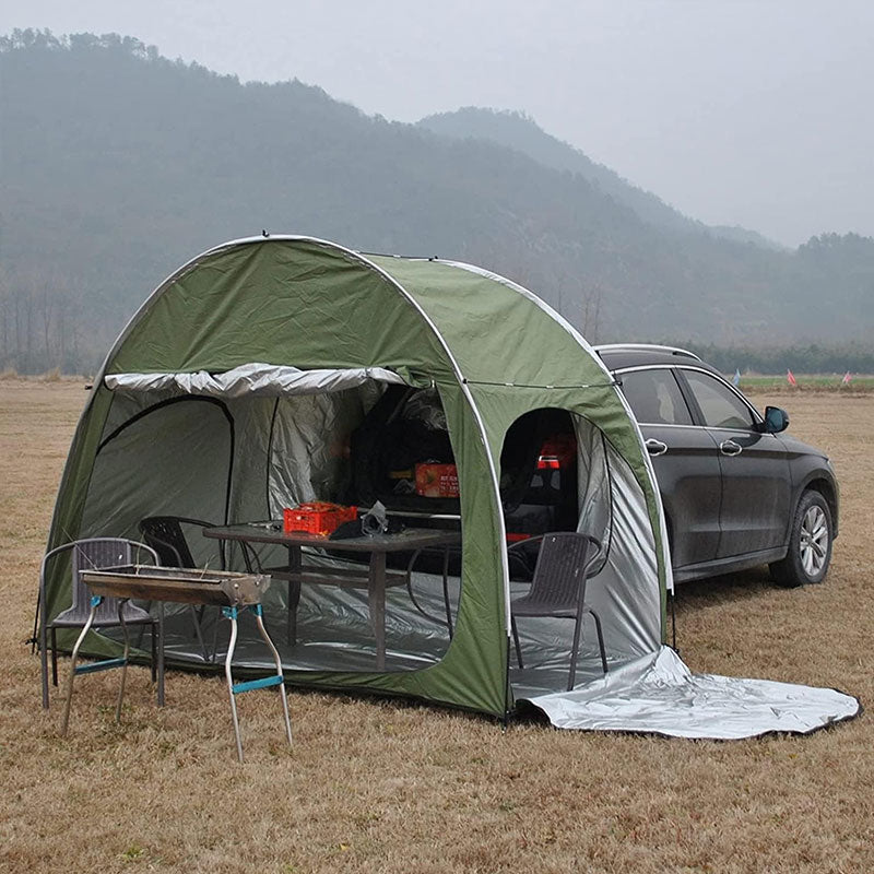 Outdoor car trunk rear tent with canopy by eprolo, sun-resistant camping equipment, set up over vehicle trunk for outdoor shelter.