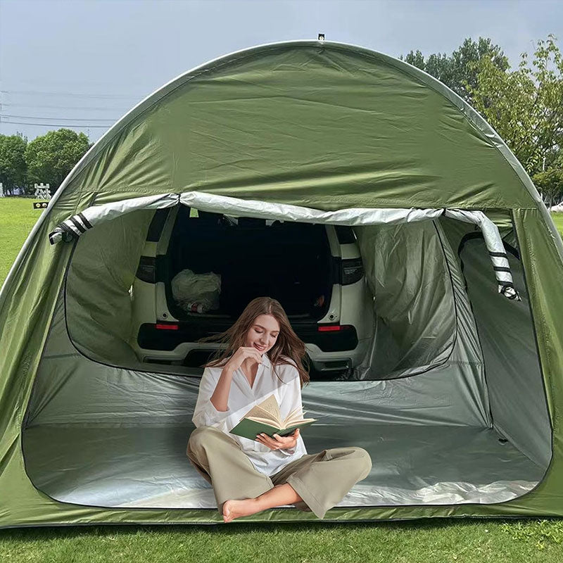 Eprolo outdoor car trunk tent with canopy, sun-resistant camping shelter set up on vehicle for outdoor adventures