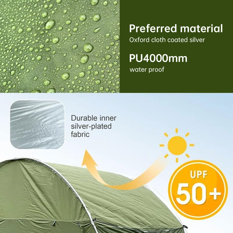 Eprolo outdoor car trunk tent with canopy, sun-resistant camping gear, set up on vehicle for shade and outdoor protection.