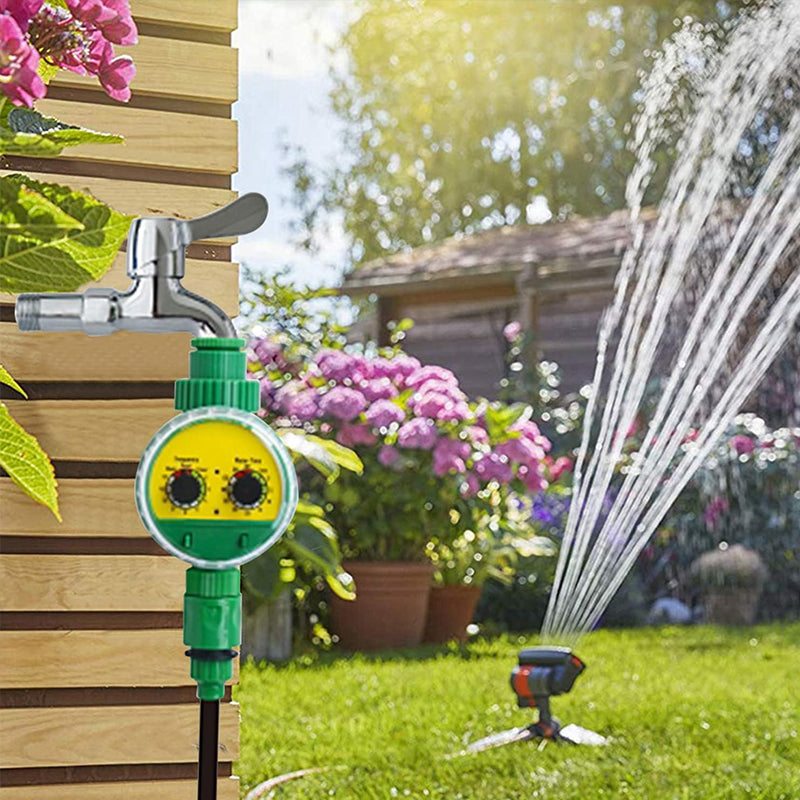 Eprolo outdoor plastic garden hose with electronic automatic irrigation timer, showing the hose connected to a garden faucet.