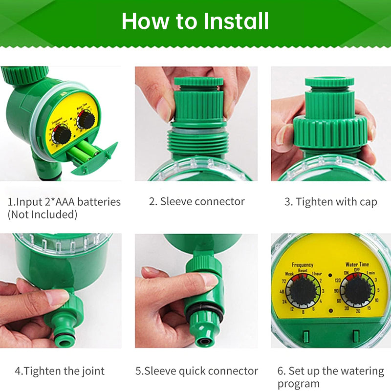 Eprolo outdoor plastic garden hose with electronic automatic irrigation timer, connected to a garden faucet for watering plants
