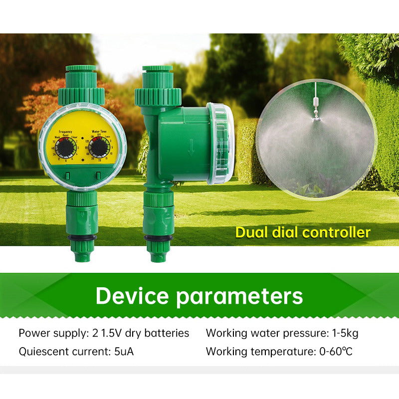 Eprolo outdoor plastic garden hose with electronic automatic irrigation timer connected to a garden spigot.