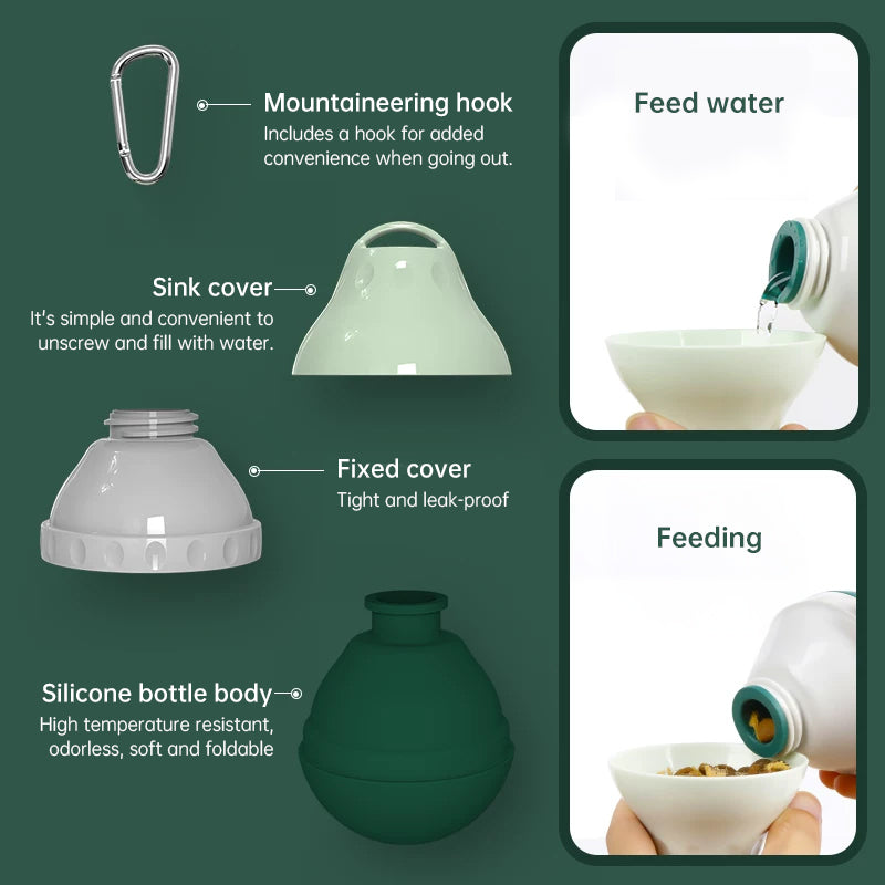 Eprolo portable dog water dispenser with tear-drop bowl, lightweight pet water bottle for travel, hiking, and outdoor use.