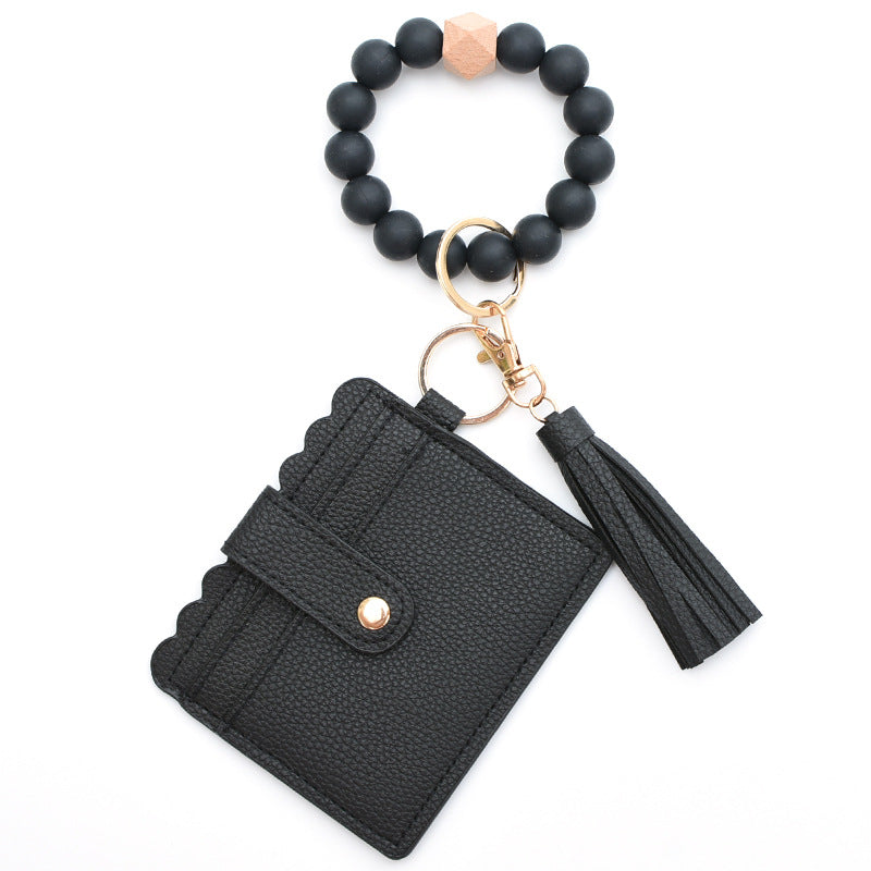 Colorful Silicone Bead Bracelet Card Holder PU Tassel Women's Wallet Keychain Silicone Beaded Bracelet - American Smart
